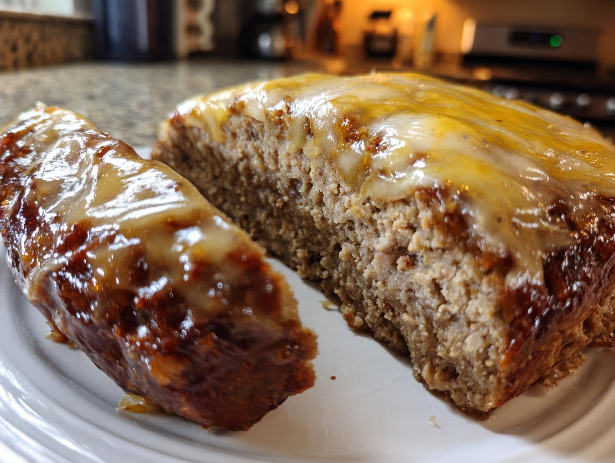Close-up of a slice of crockpot french onion soup meatloaf with melted Swiss cheese topping.