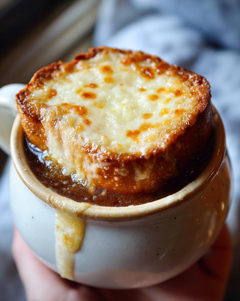 Close-up of a crockpot french onion soup slow cooker serving, topped with melted, browned cheese over a crouton.