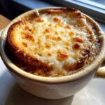 Close-up of a bowl of crockpot french onion soup slow cooker topped with melted, bubbly Gruyère cheese over a crouton.