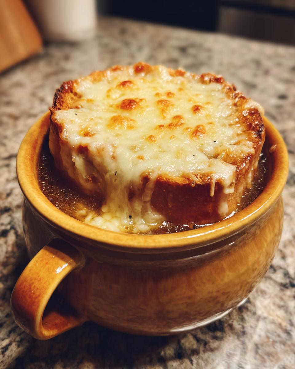 Close-up of a bowl of crockpot french onion soup slow cooker topped with melted, browned cheese over toast.