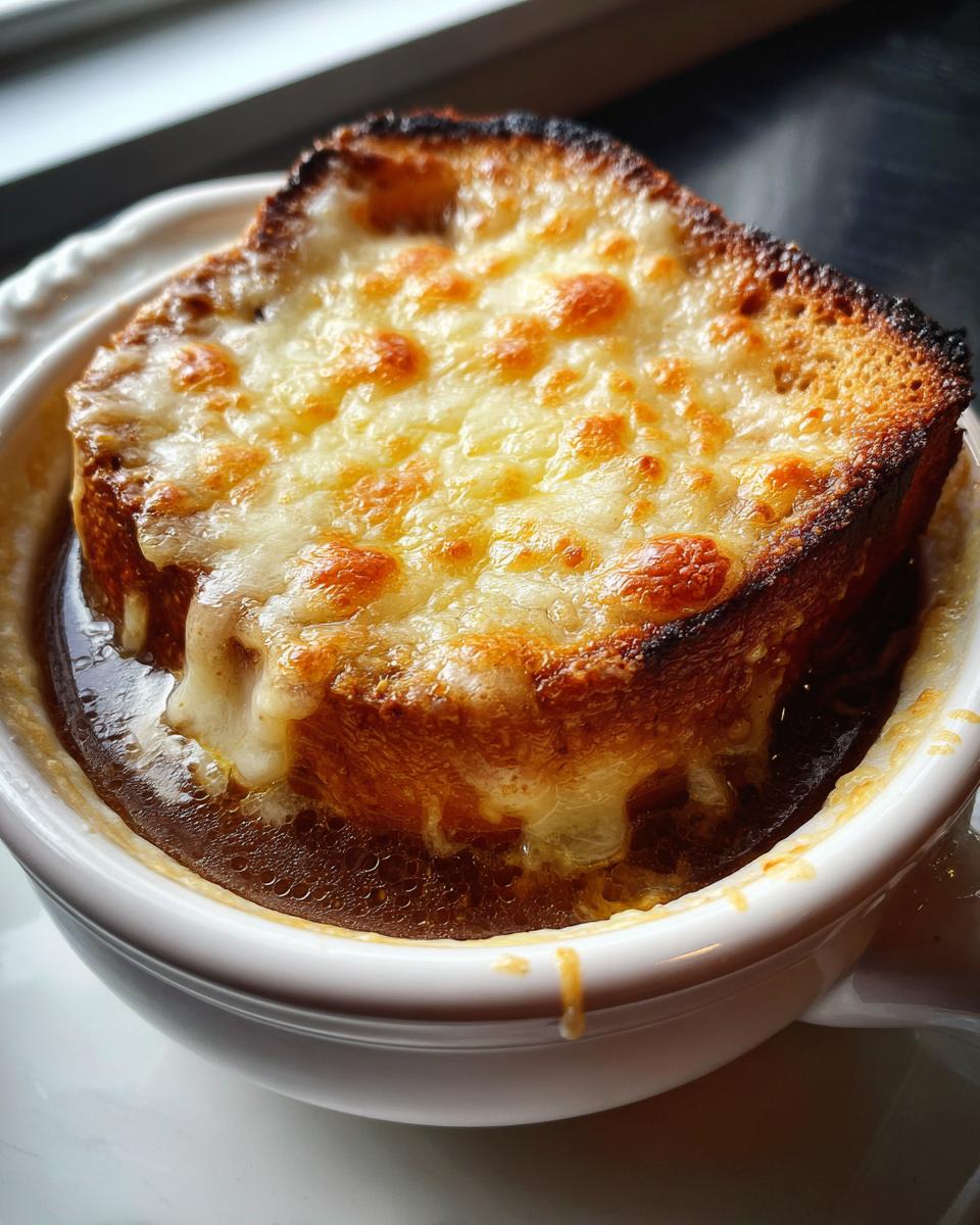 Close-up of rich crockpot french onion soup slow cooker topped with a thick, melted, and browned layer of cheese over toasted bread.