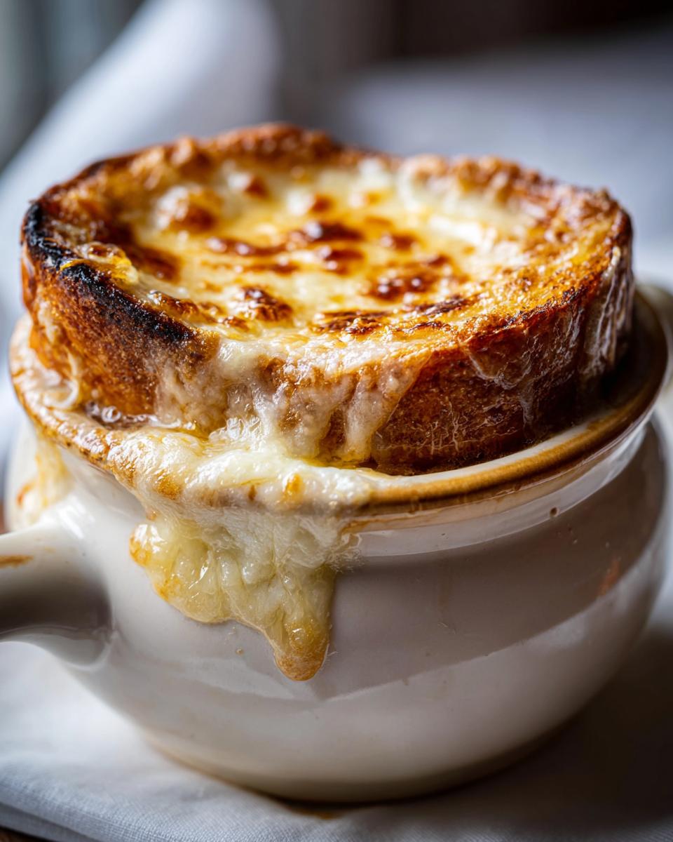 Close-up of a crockpot french onion soup slow cooker serving topped with a thick slice of toasted bread and melted, bubbly Gruyère cheese.