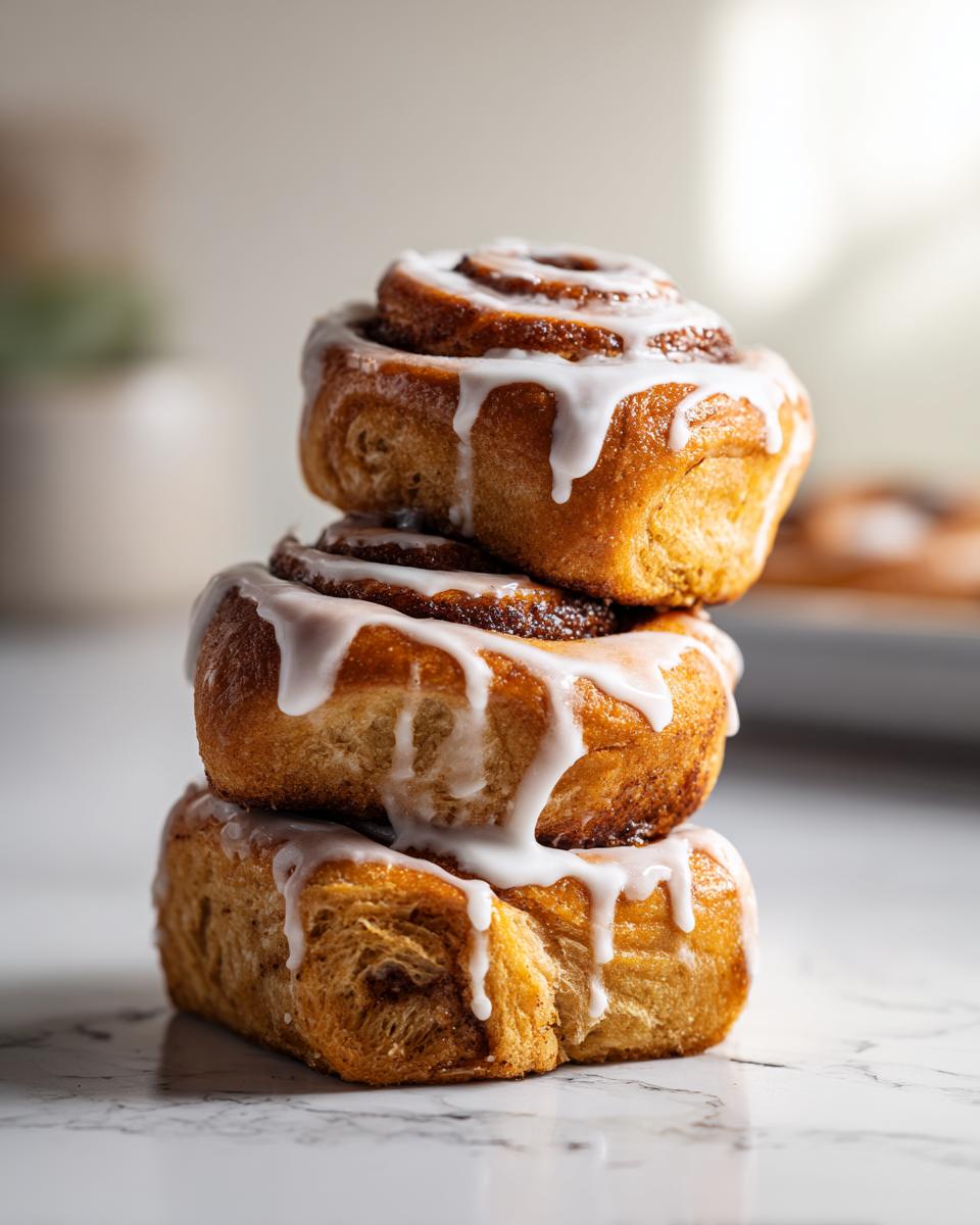 Three delicious gluten free sourdough discard cinnamon rolls stacked vertically, drizzled with white icing.
