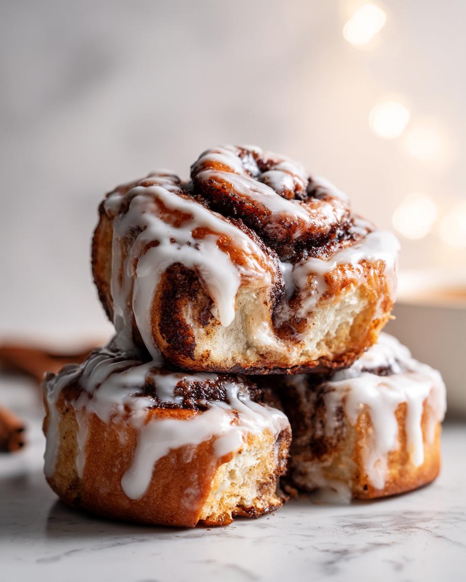 Close-up of three stacked gluten free sourdough discard cinnamon rolls dripping with white icing.