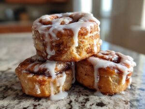 Three freshly baked gluten free sourdough discard cinnamon rolls stacked, drizzled heavily with white icing.