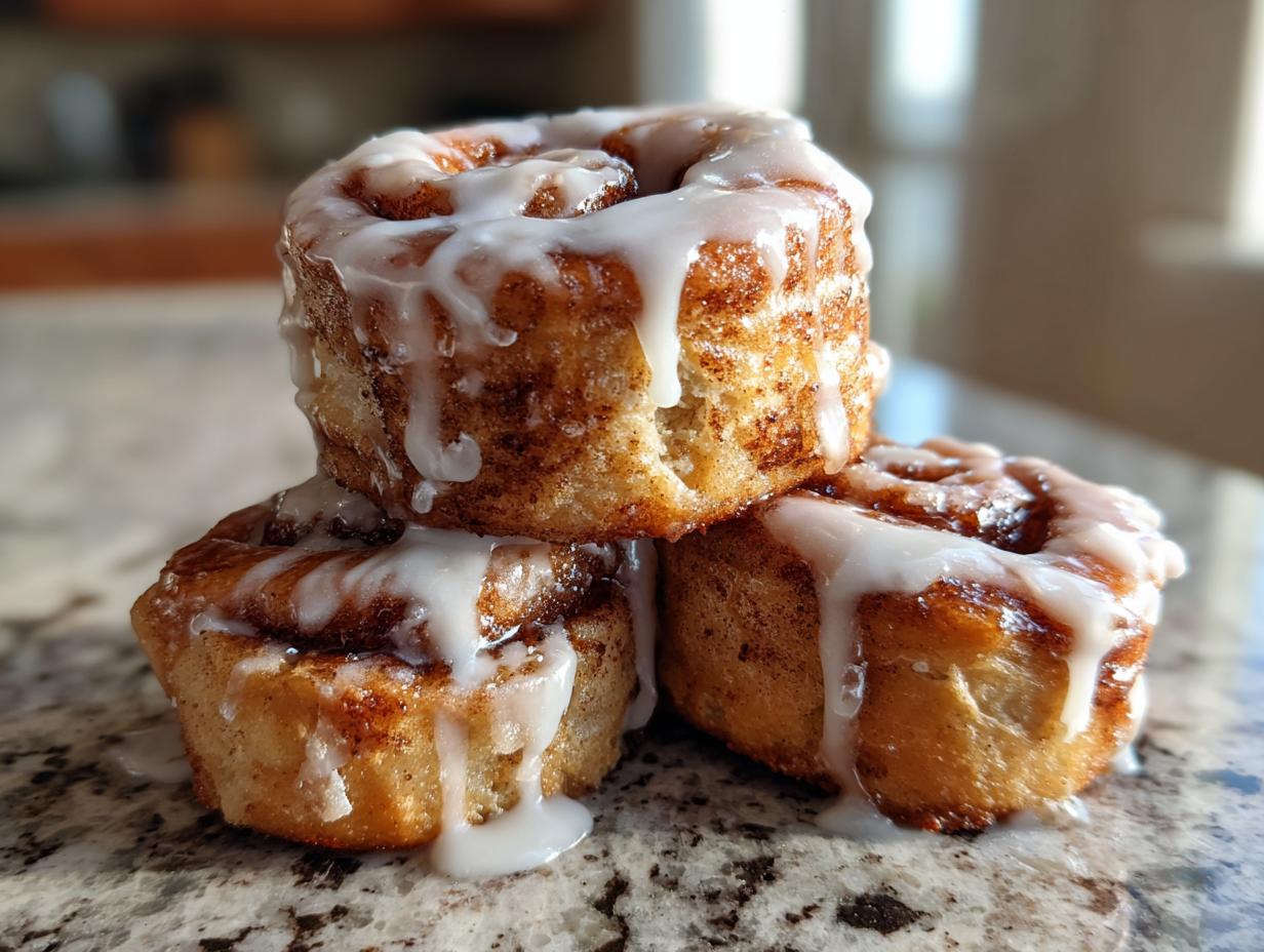 Three freshly baked gluten free sourdough discard cinnamon rolls stacked, drizzled heavily with white icing.