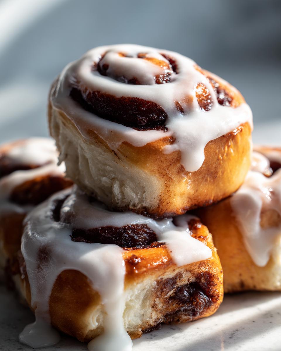 A stack of gooey gluten free sourdough discard cinnamon rolls generously topped with white icing.