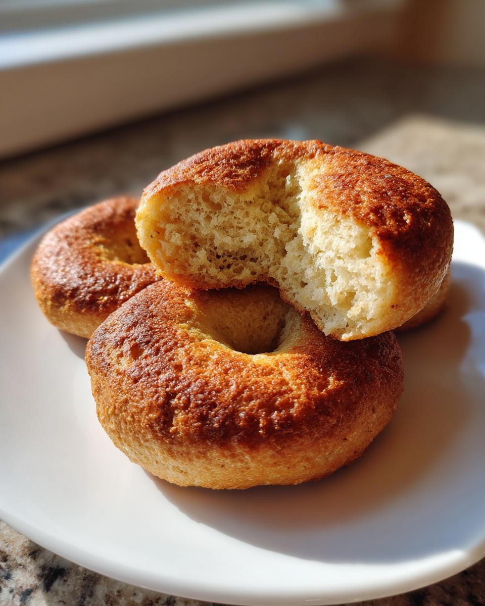 Close-up of golden brown high protein sourdough discard bagels, one broken open showing the fluffy interior texture.