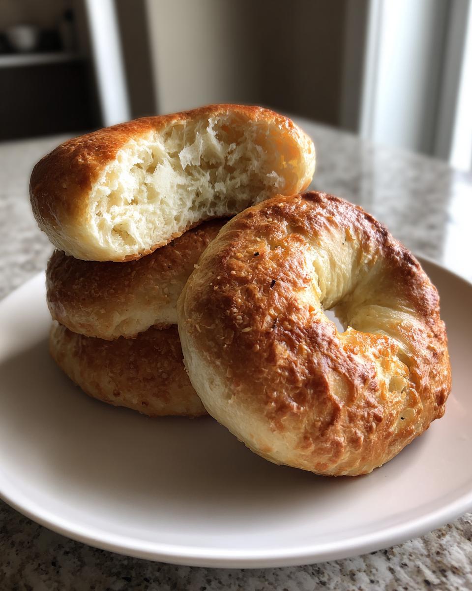 Close-up of three high protein sourdough discard bagels stacked on a white plate, one is broken open showing the soft interior.