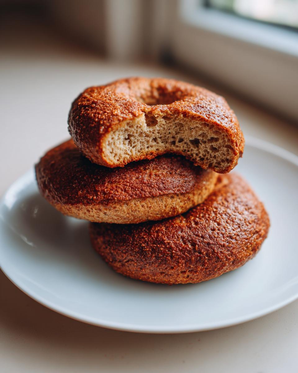 Three golden-brown high protein sourdough discard bagels stacked on a white plate, one has a bite taken out showing the texture.