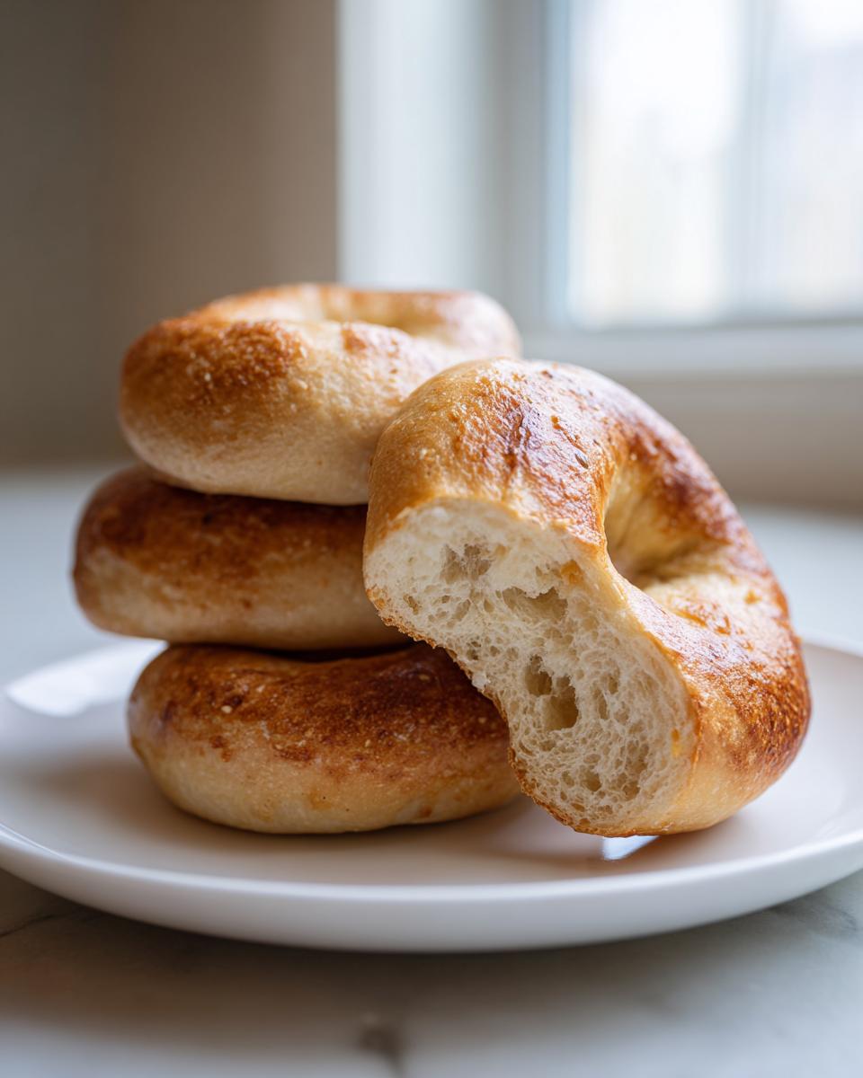 A stack of golden-brown high protein sourdough discard bagels, one cut open showing the airy interior.