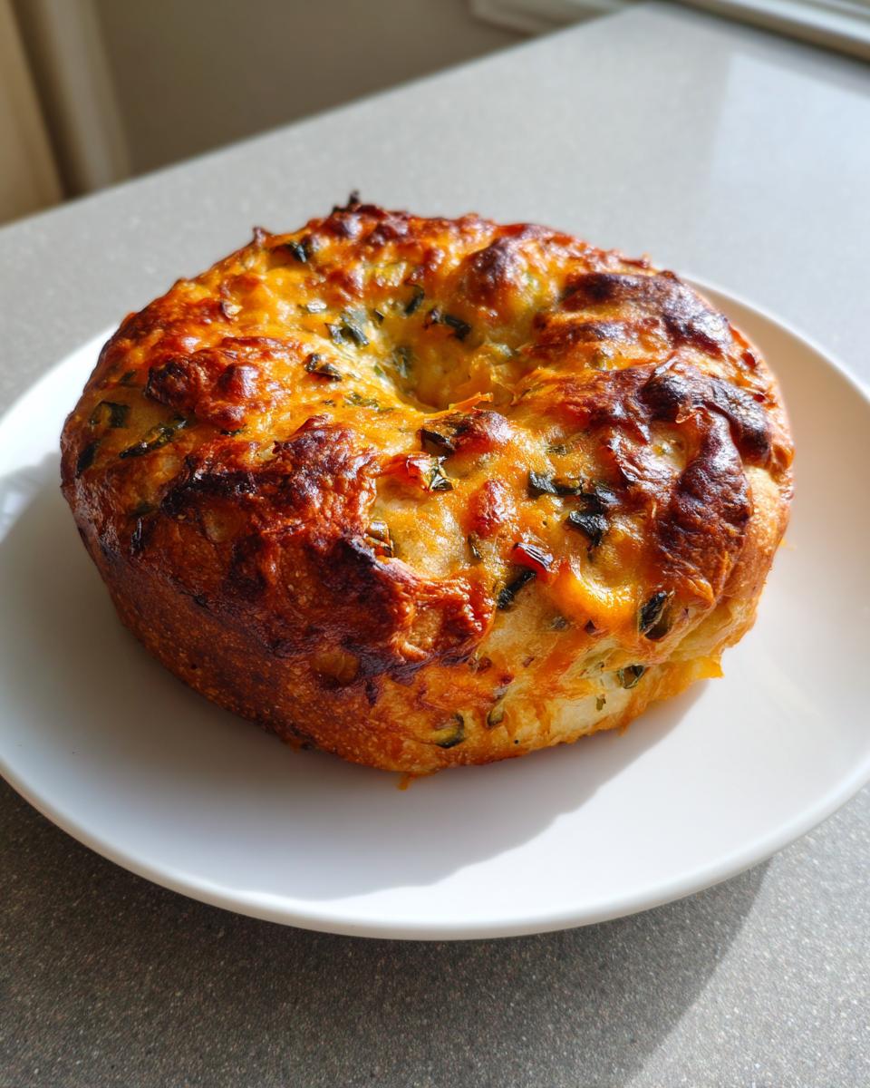 A freshly baked jalapeno cheddar sourdough discard bagel with a golden, cheesy, and slightly charred top, resting on a white plate.