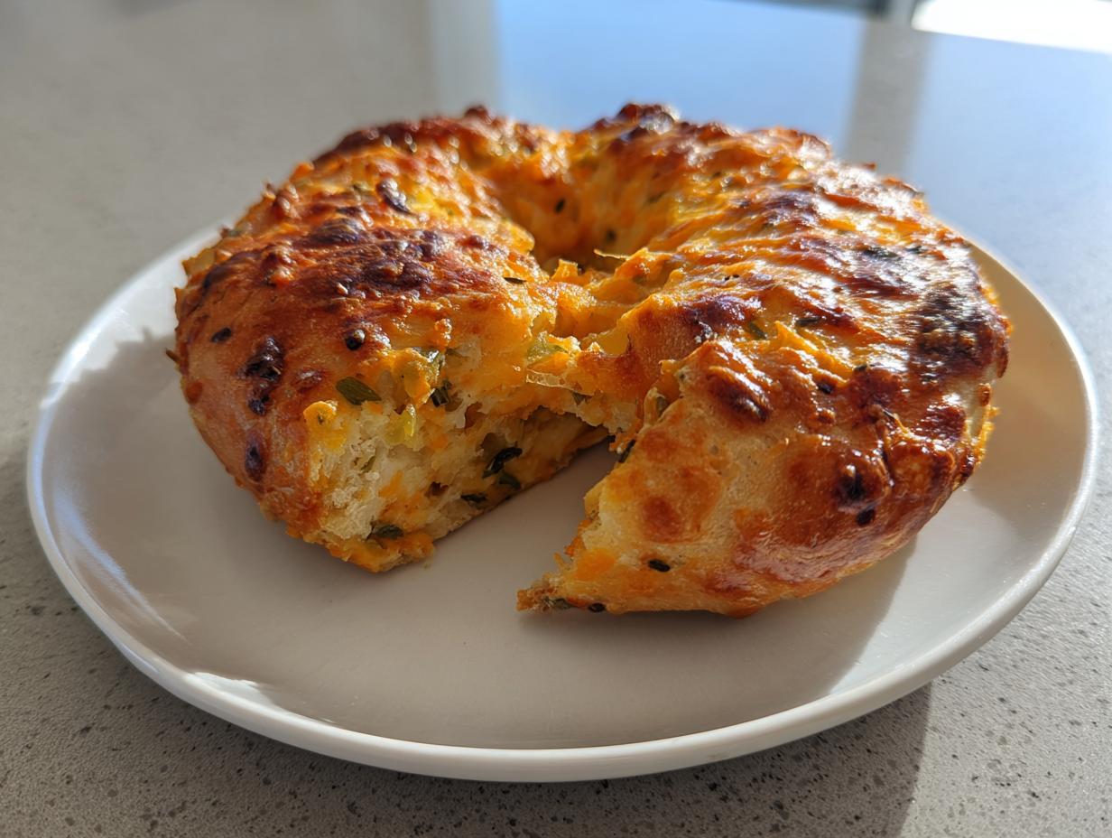 A golden-brown jalapeno cheddar sourdough discard bagel with a piece broken off, showing cheesy interior.