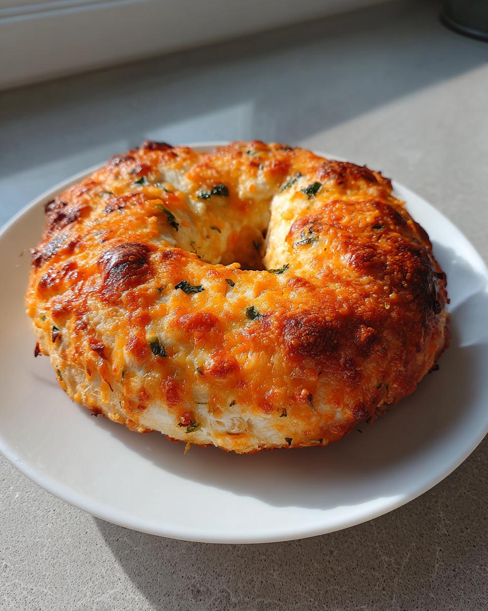 A freshly baked jalapeno cheddar sourdough discard bagel with a crispy, melted orange cheese topping.