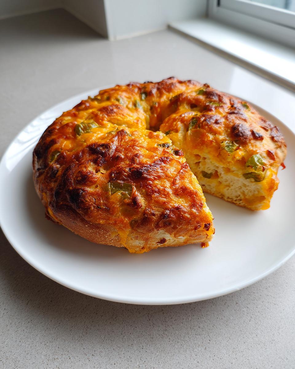 A golden-brown jalapeno cheddar sourdough discard bagel, cut open to show the cheesy interior, resting on a white plate.