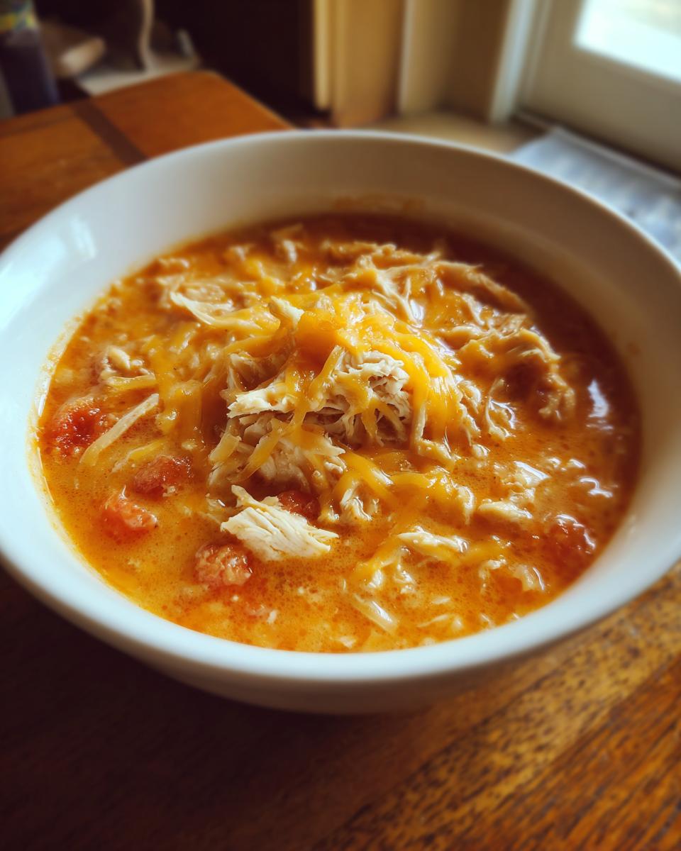 Close-up of a white bowl filled with keto creamy chicken enchilada soup topped with shredded chicken and melted cheese.