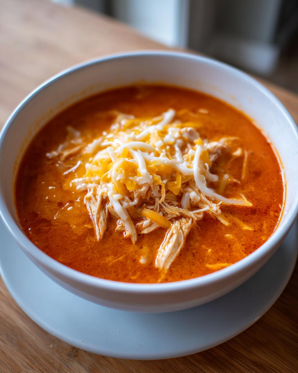 Close-up of a white bowl filled with keto creamy chicken enchilada soup topped with shredded cheese.