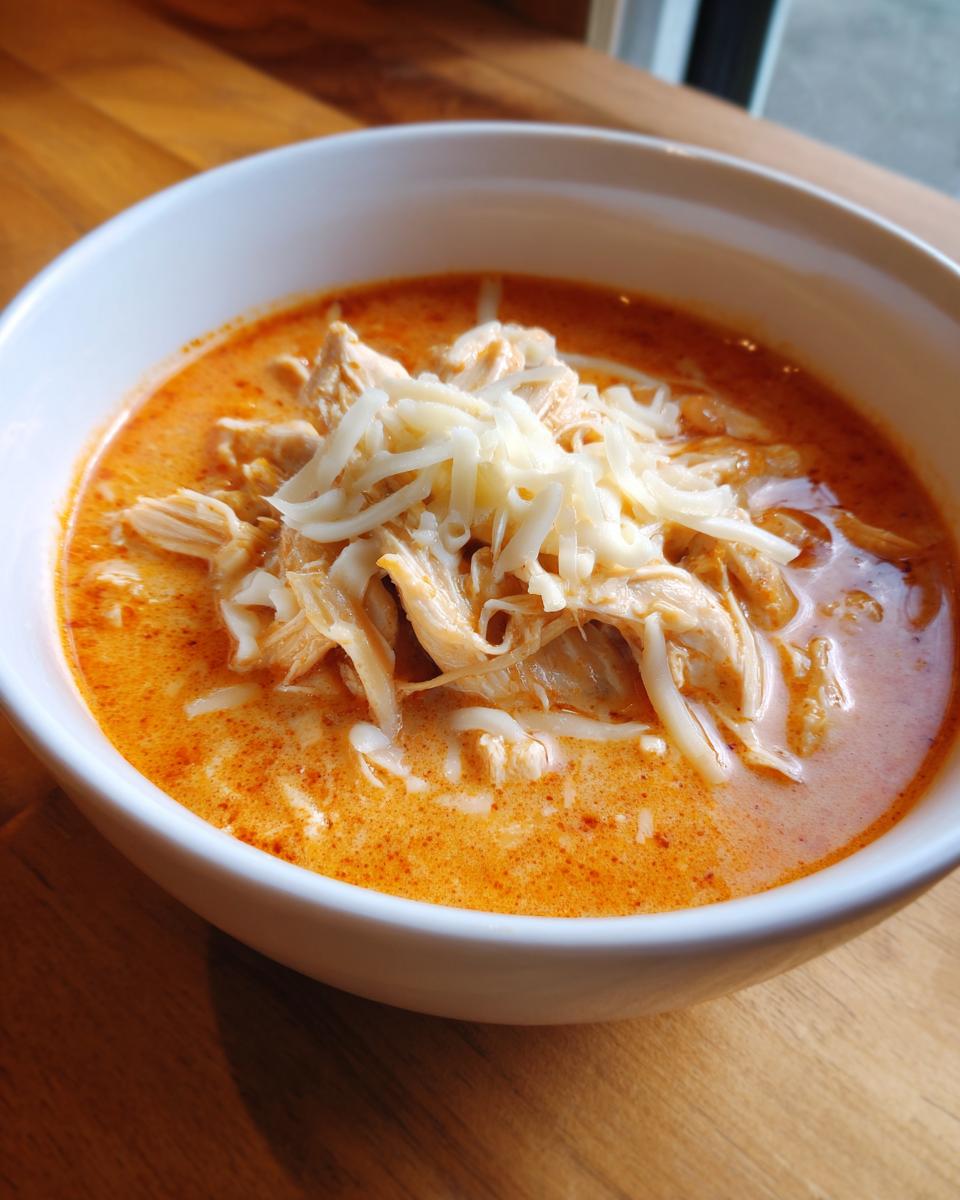 Close-up of a white bowl filled with keto creamy chicken enchilada soup topped with shredded chicken and cheese.