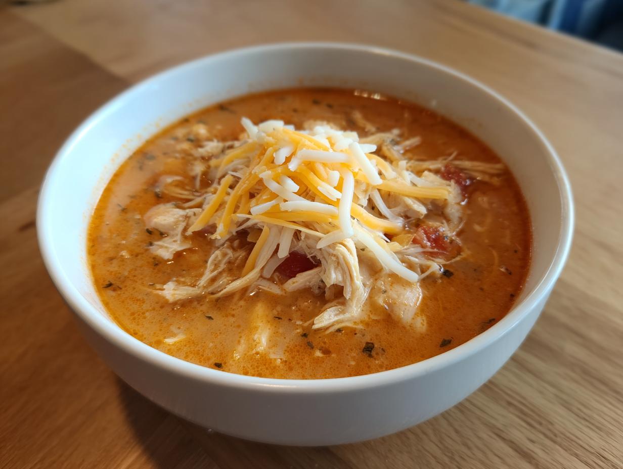 A white bowl filled with keto creamy chicken enchilada soup, topped with shredded cheese.
