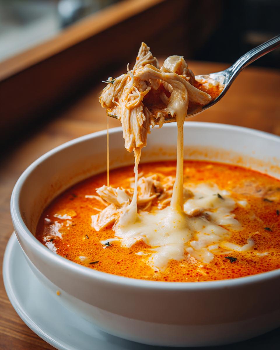 A spoonful of shredded chicken and melted cheese being lifted from a bowl of keto creamy chicken enchilada soup.