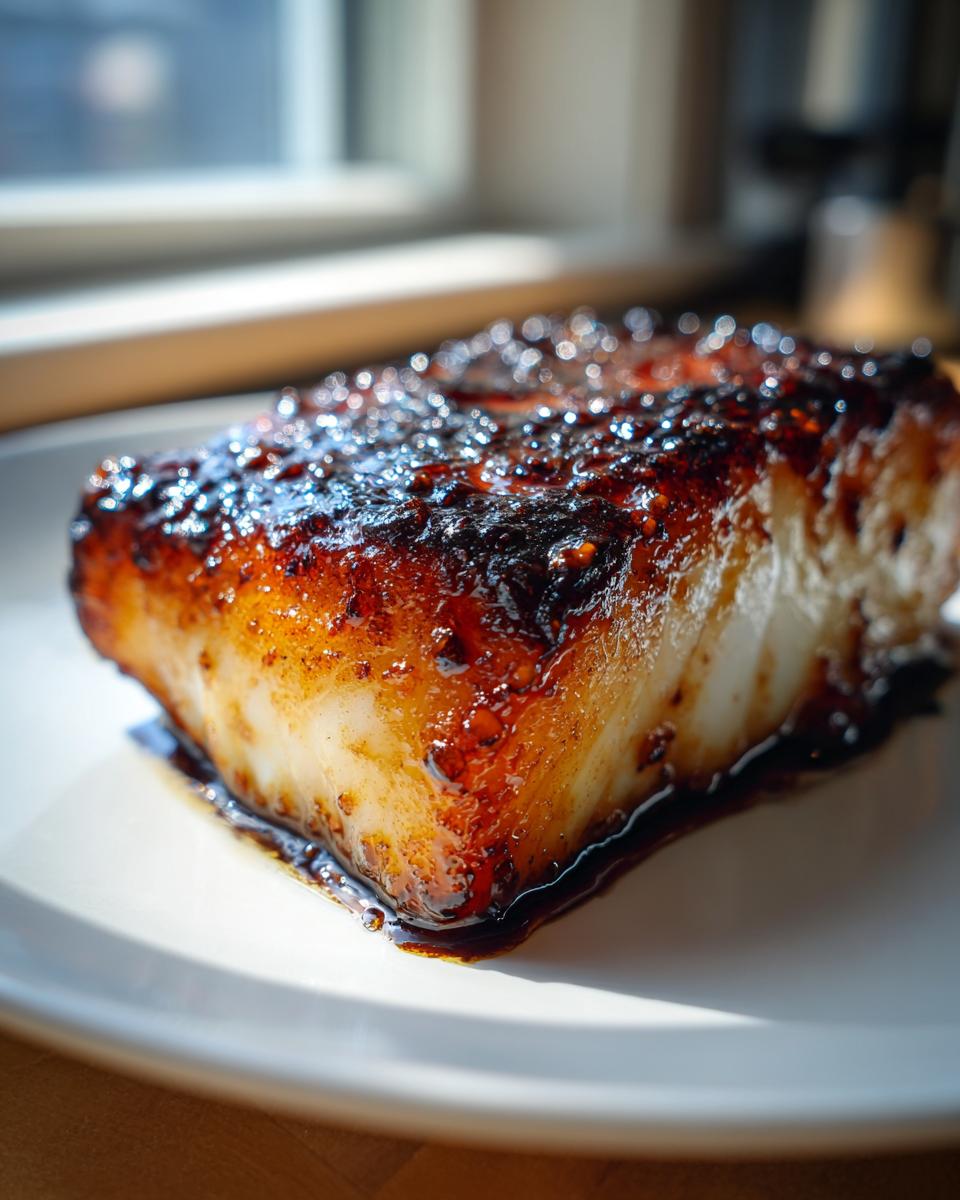 Close-up of a thick, flaky fillet of miso glazed chilean sea bass recipe with a dark, caramelized, shiny crust.