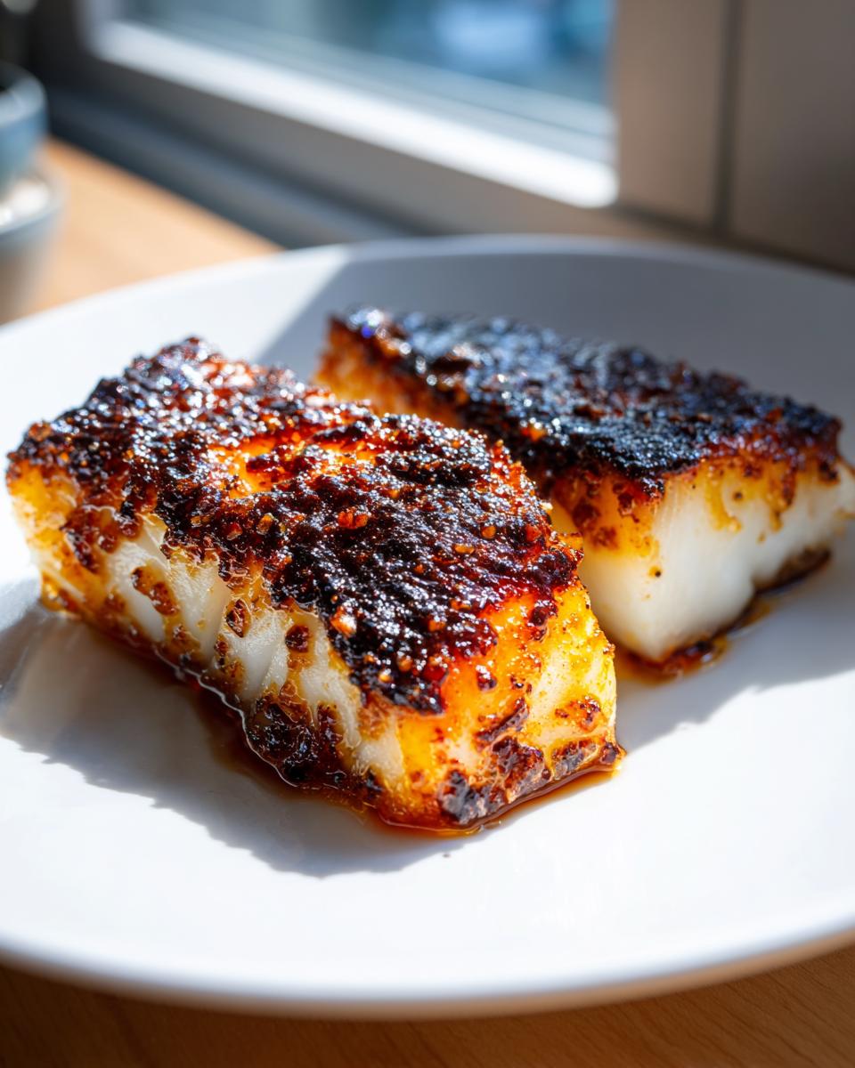 Two perfectly cooked pieces of miso glazed chilean sea bass recipe, showing a caramelized, dark crust.