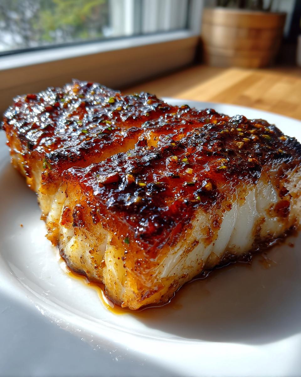Two thick, flaky fillets of miso glazed chilean sea bass recipe, caramelized under bright sunlight.