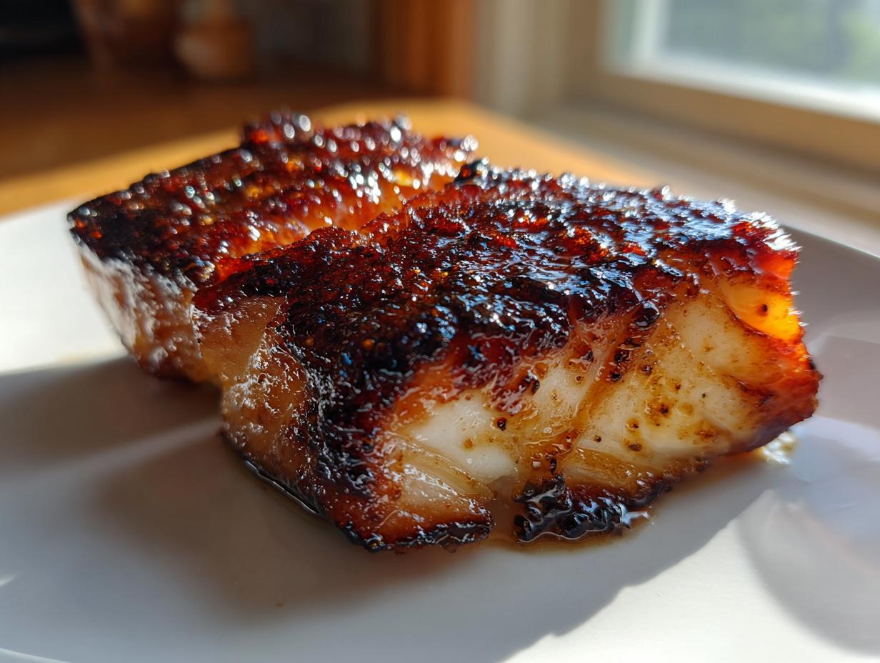 Close-up of two perfectly cooked pieces of miso glazed chilean sea bass recipe, featuring a dark, caramelized crust.