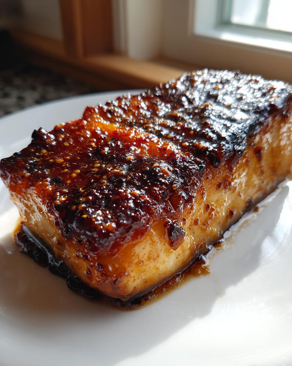Close-up of a thick, perfectly caramelized piece of miso glazed chilean sea bass recipe.