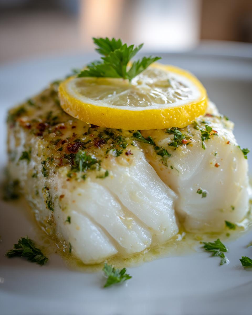 Close-up of a perfectly cooked, moist chilean sea bass recipe oven baked, topped with lemon and parsley.