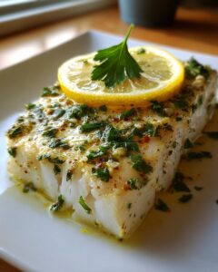 Close-up of a perfectly cooked, moist chilean sea bass recipe oven baked, topped with garlic, herbs, and a lemon slice.