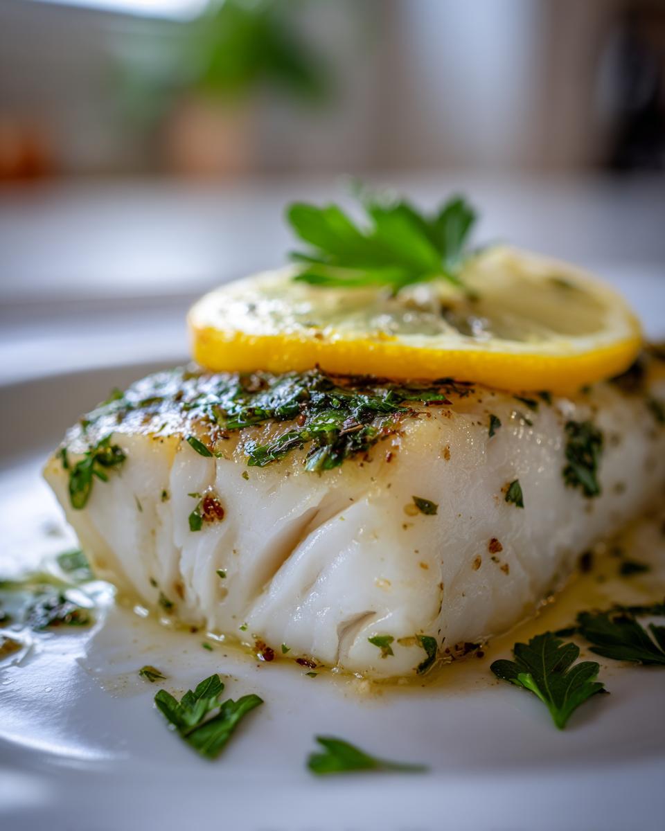 Flaky, moist chilean sea bass recipe oven baked fillet topped with lemon and fresh parsley.