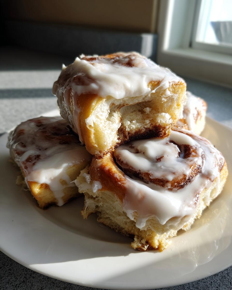 Close-up of fluffy overnight sourdough discard cinnamon rolls generously topped with white icing.