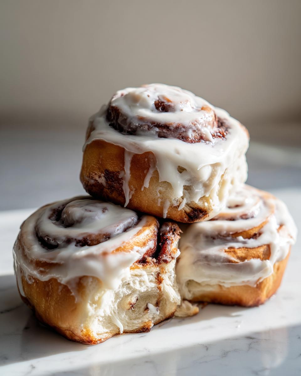 A stack of three gooey overnight sourdough discard cinnamon rolls generously topped with white icing.