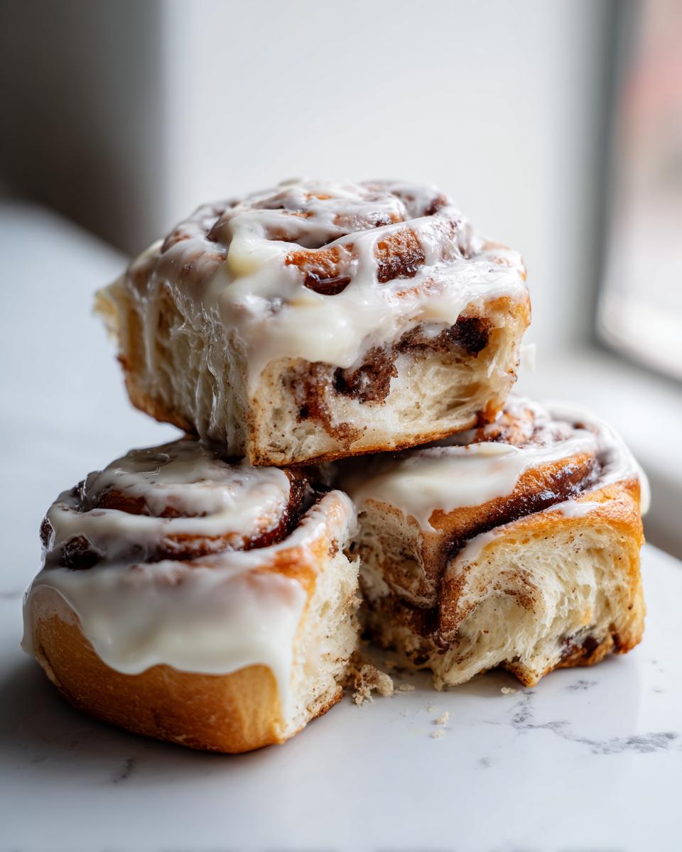 A close-up stack of three gooey overnight sourdough discard cinnamon rolls topped with thick white icing.
