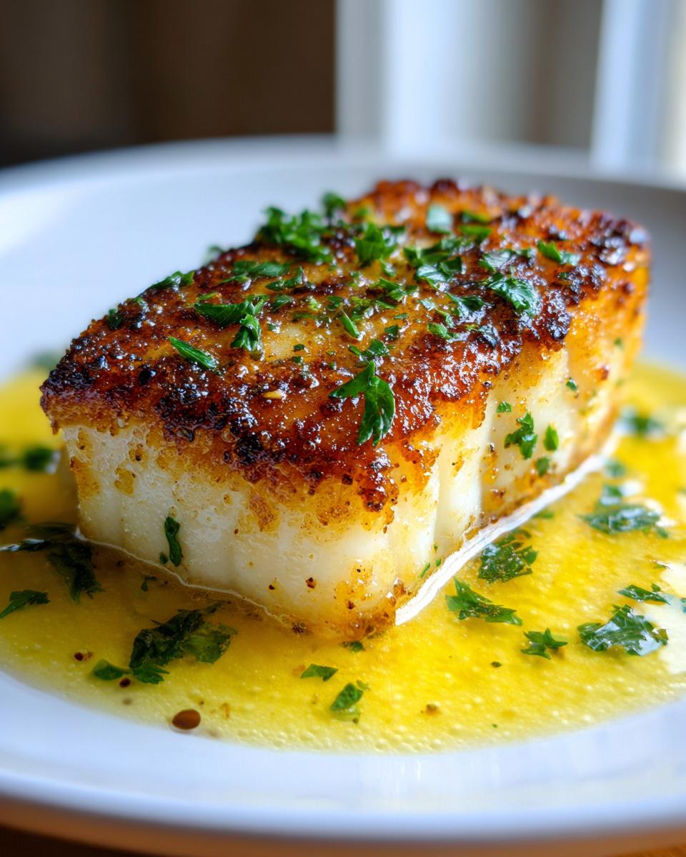 Close-up of a perfectly pan seared chilean sea bass recipe fillet resting in bright yellow butter sauce and topped with fresh parsley.