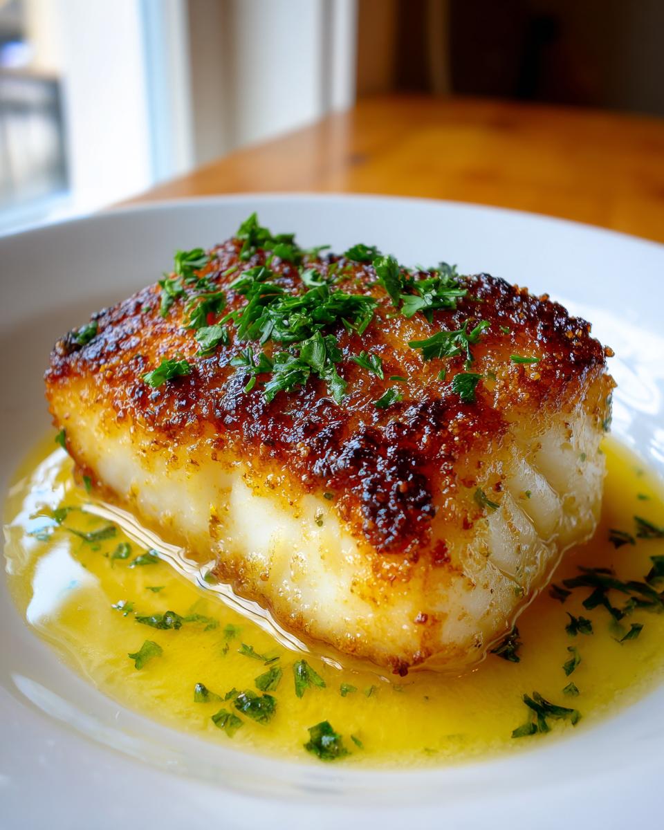 Close-up of a perfectly pan seared chilean sea bass recipe fillet topped with fresh parsley.