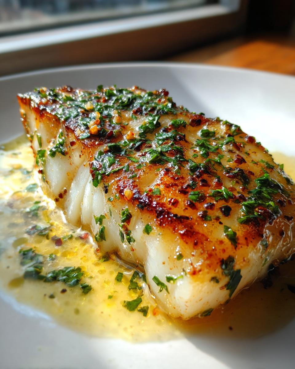 Close-up of a flaky, pan-seared chilean sea bass recipe fillet topped with fresh parsley and resting in a lemon butter sauce.