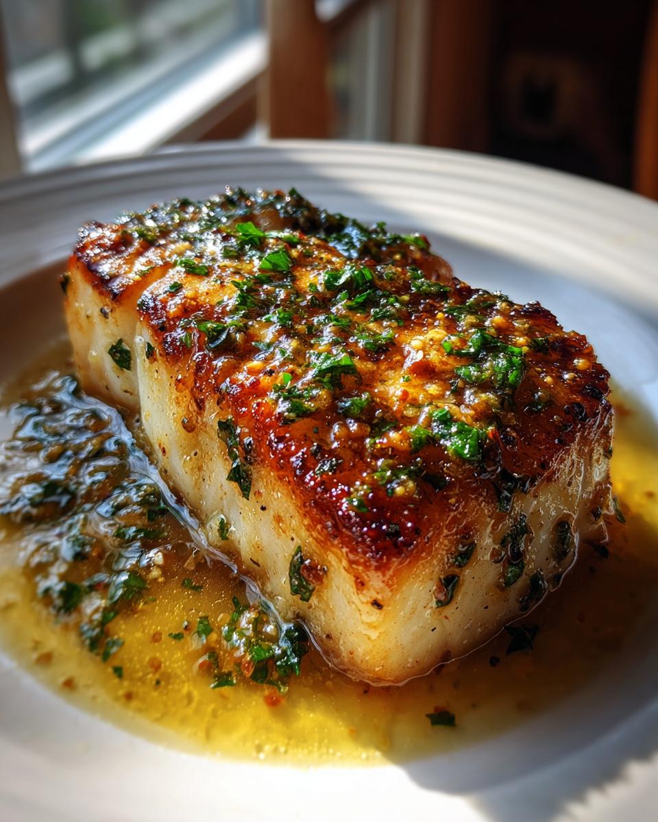 Close-up of a thick, pan-seared chilean sea bass recipe portion covered in glistening herb and butter sauce.