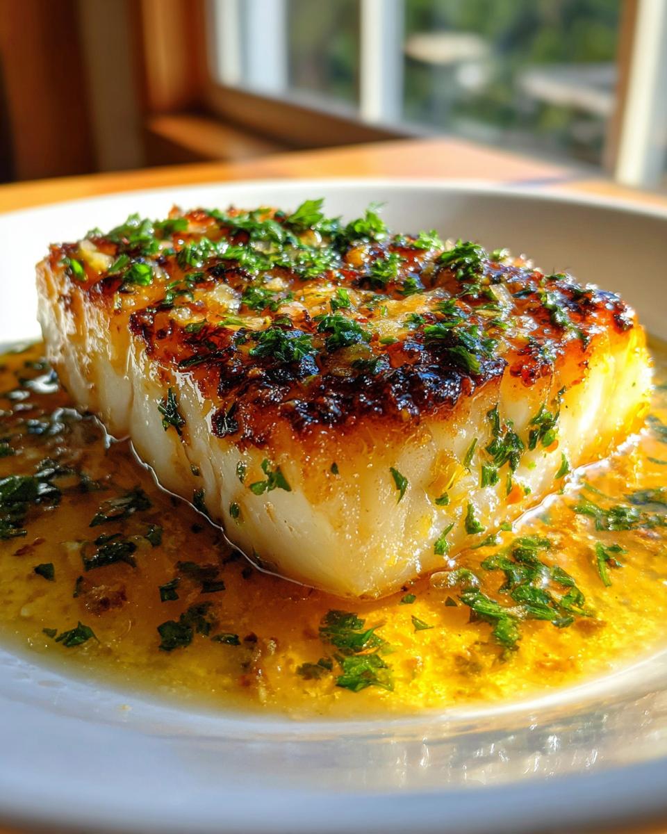 A thick, perfectly seared fillet of chilean sea bass resting in a pool of golden butter sauce, topped with fresh herbs.
