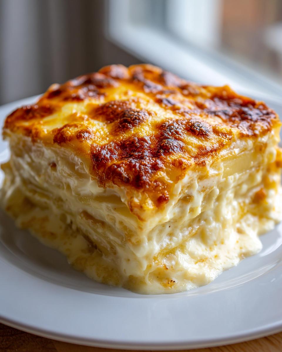 A thick, square slice of creamy potatoes au gratin with a deeply browned, cheesy top crust.