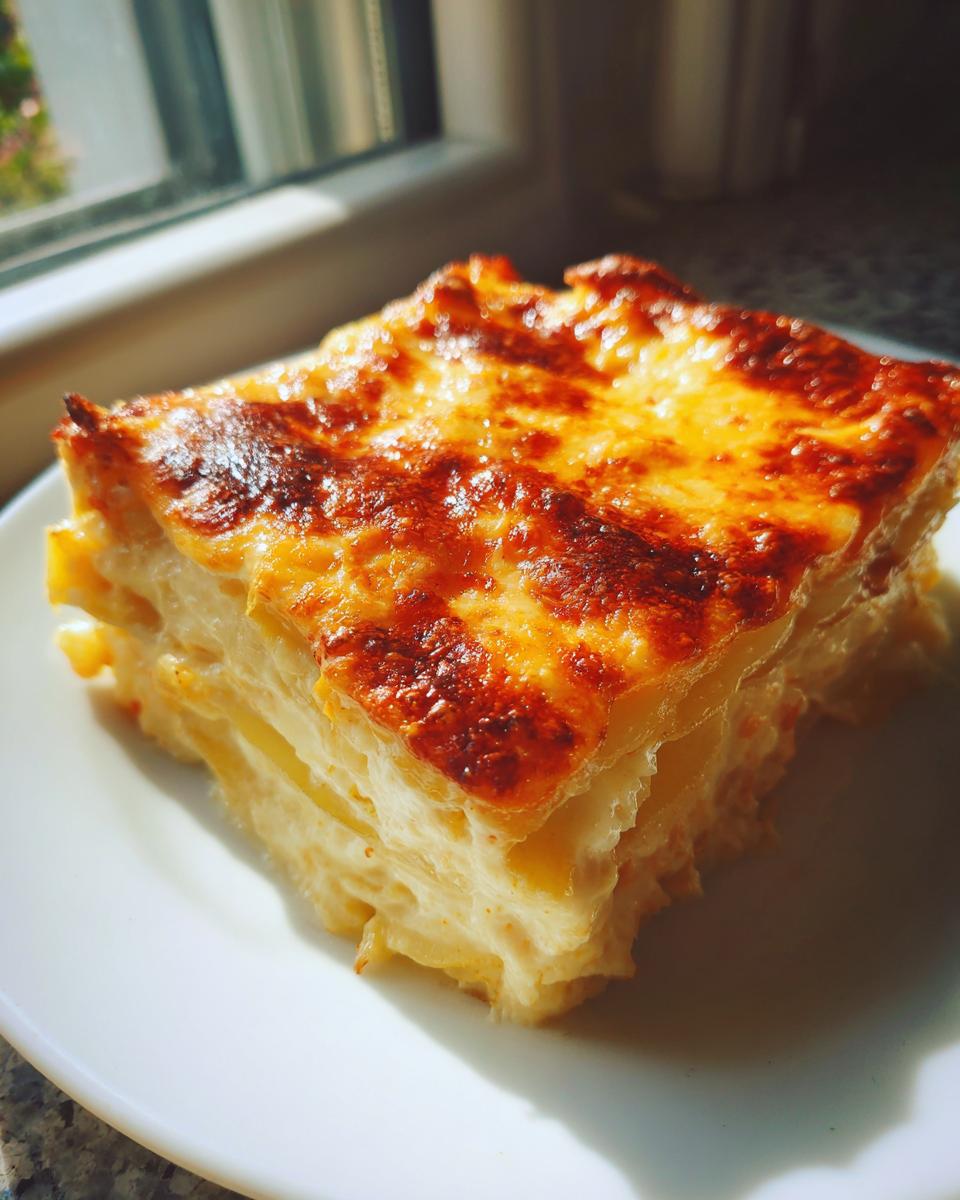 A square serving of creamy potatoes au gratin featuring layers of tender potatoes and a deeply browned, cheesy top.