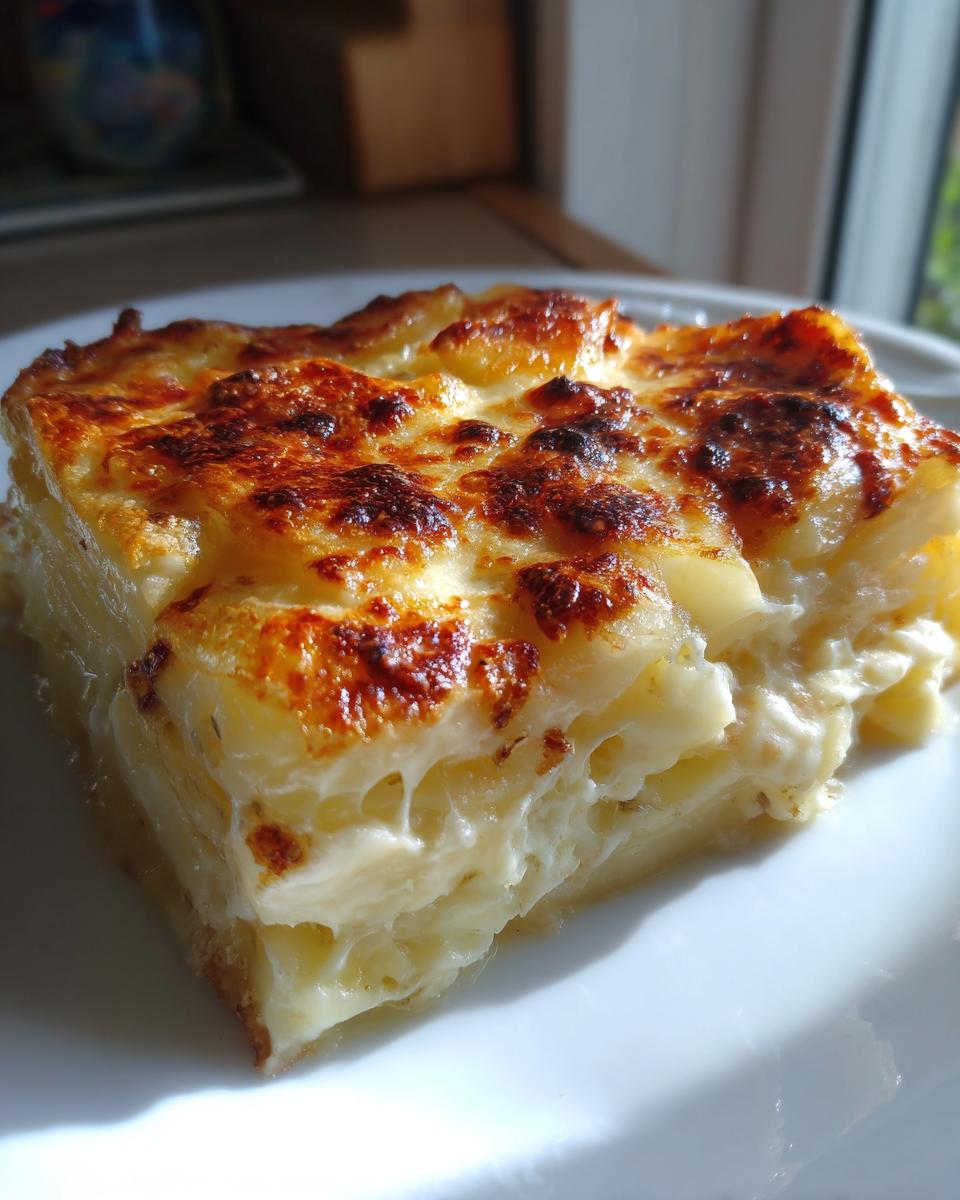 A close-up slice of creamy potatoes au gratin showing layers of tender potatoes and a bubbly, browned cheese crust.
