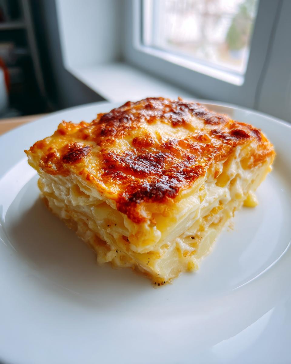 A square slice of creamy potatoes au gratin with a perfectly browned, cheesy crust, served on a white plate.
