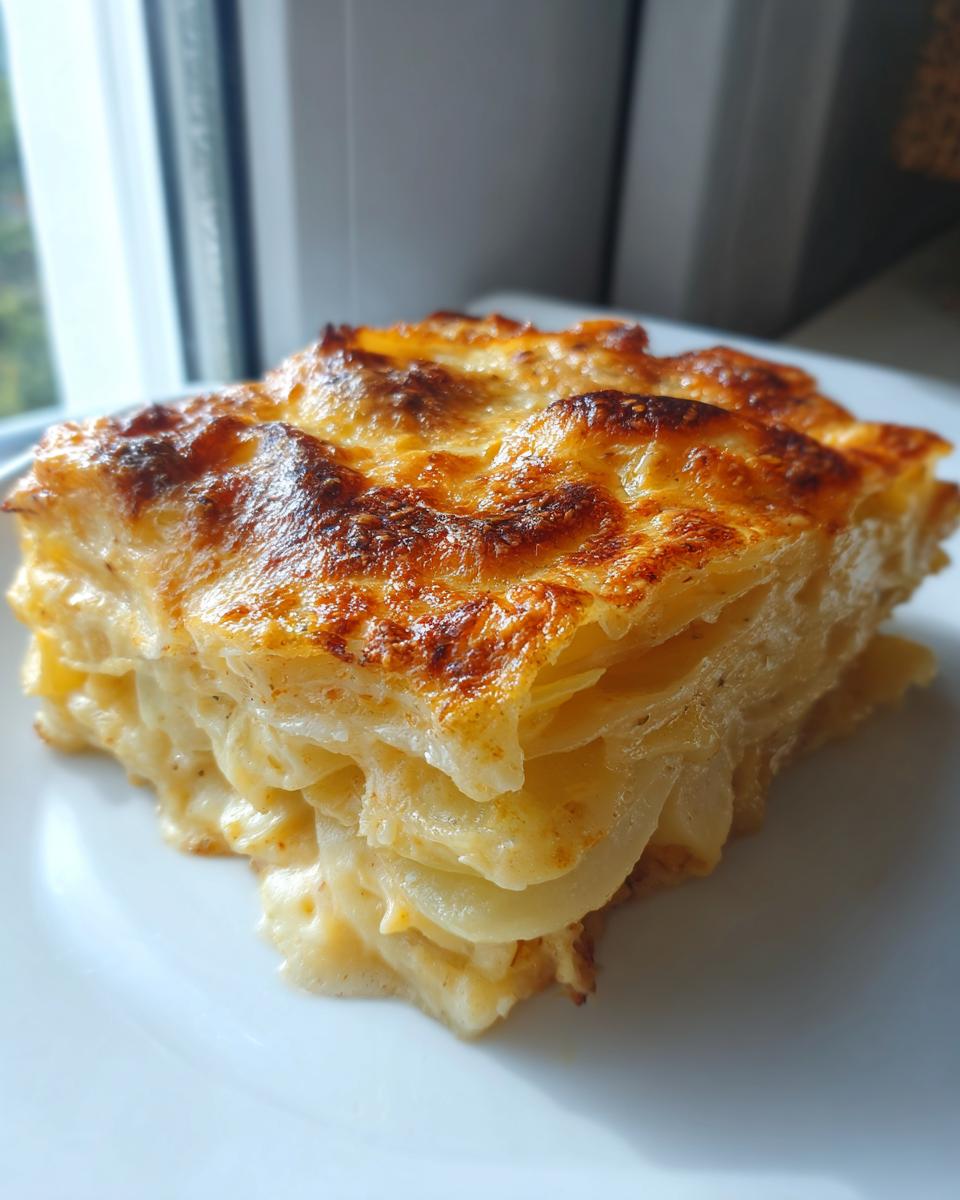A perfectly baked slice of rich ruth chris potatoes au gratin showing layers of creamy potatoes and a golden, bubbly cheese crust.