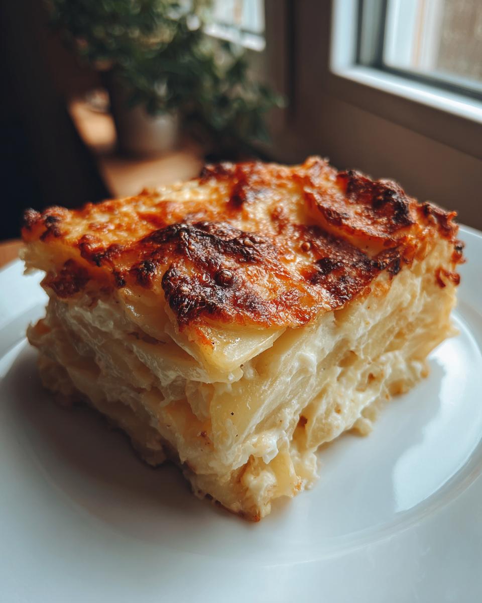 A perfect square slice of creamy ruth chris potatoes au gratin with a deeply browned, cheesy crust.