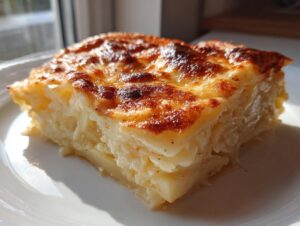 A close-up slice of rich, creamy ruth chris potatoes au gratin with a perfectly browned and bubbly cheese topping.