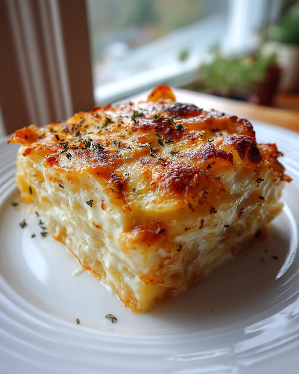 A perfect square slice of rich ruth chris potatoes au gratin with a golden, cheesy, baked top.