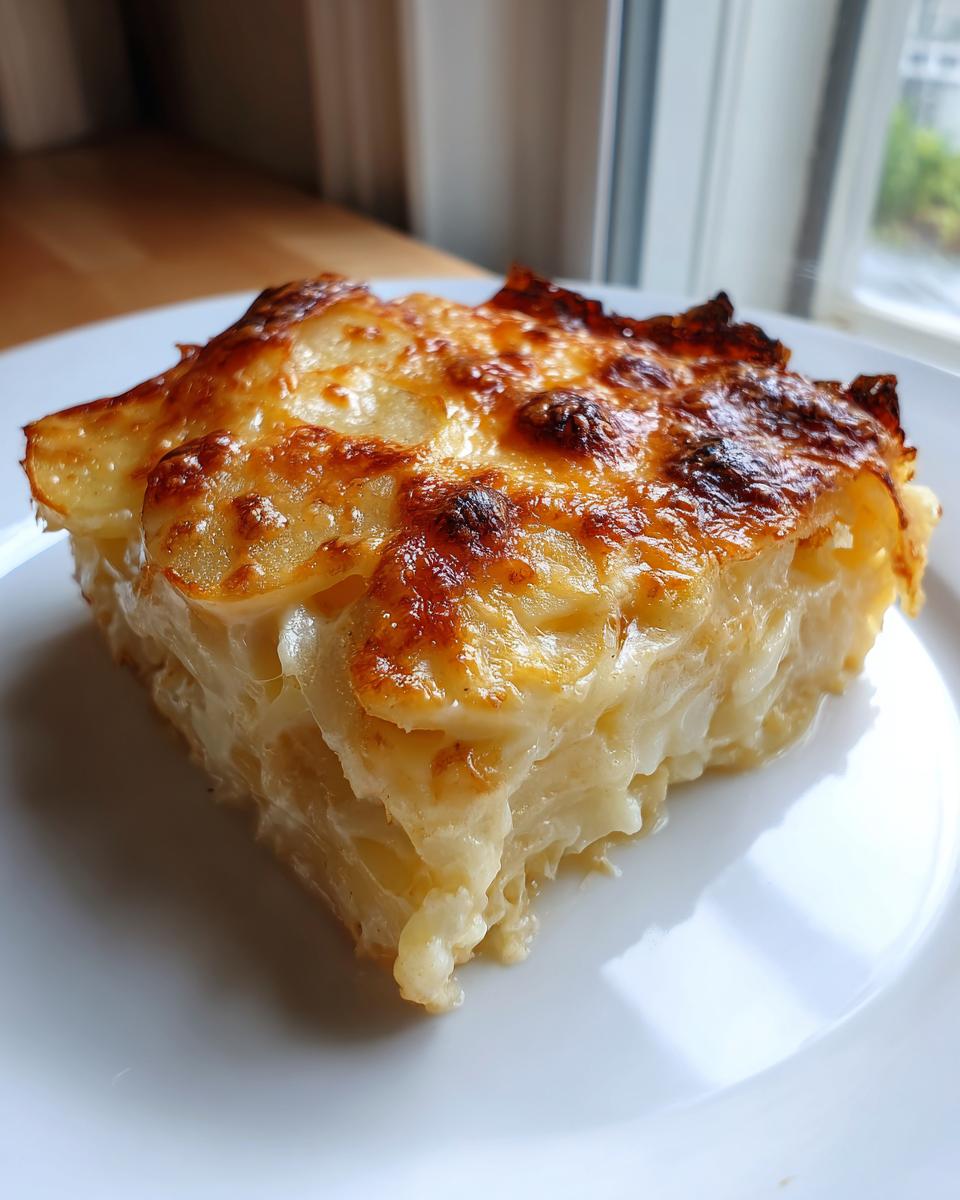 A perfect square slice of creamy ruth chris potatoes au gratin with a golden brown, cheesy crust.
