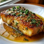 A thick, perfectly seared fillet of chilean sea bass resting in a pool of buttery, herb sauce.